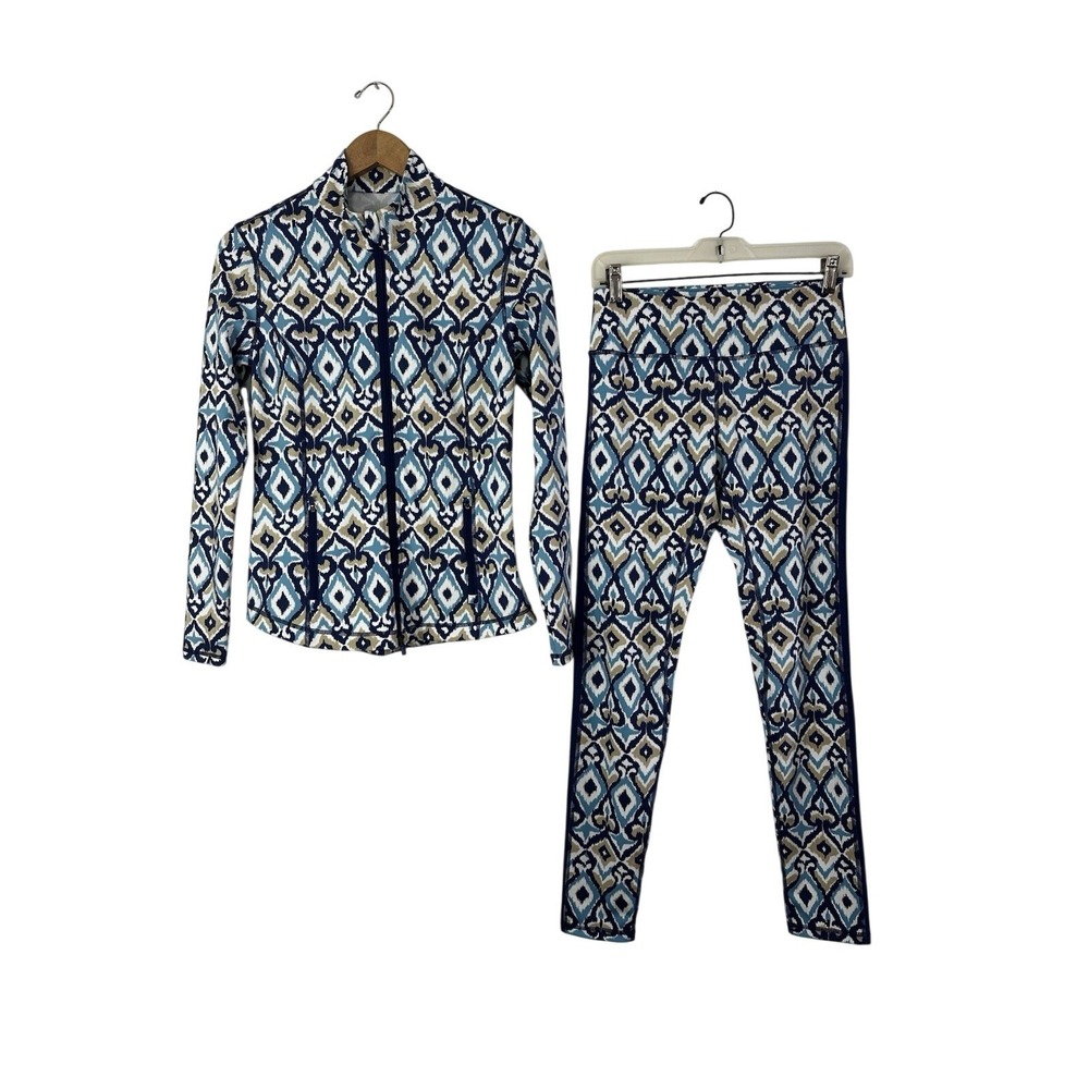 J.McLaughlin Billie Jacket & Leggings Set Small Blue Tan White Ikat Athleisure